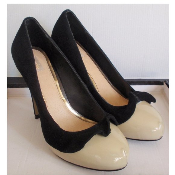 NUDE FOOTWEAR Shoes - NUDE FOOTWEAR BLACK BEIGE PATENT LEATHER SUEDE RUFFLE PUMP HEELS  7.5 NEW